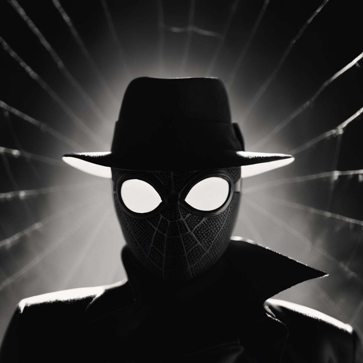 cinematic film still of Spider-Man Noir a black and white spider - man mask with white eyes in Marvel Noir universe,  1gir...