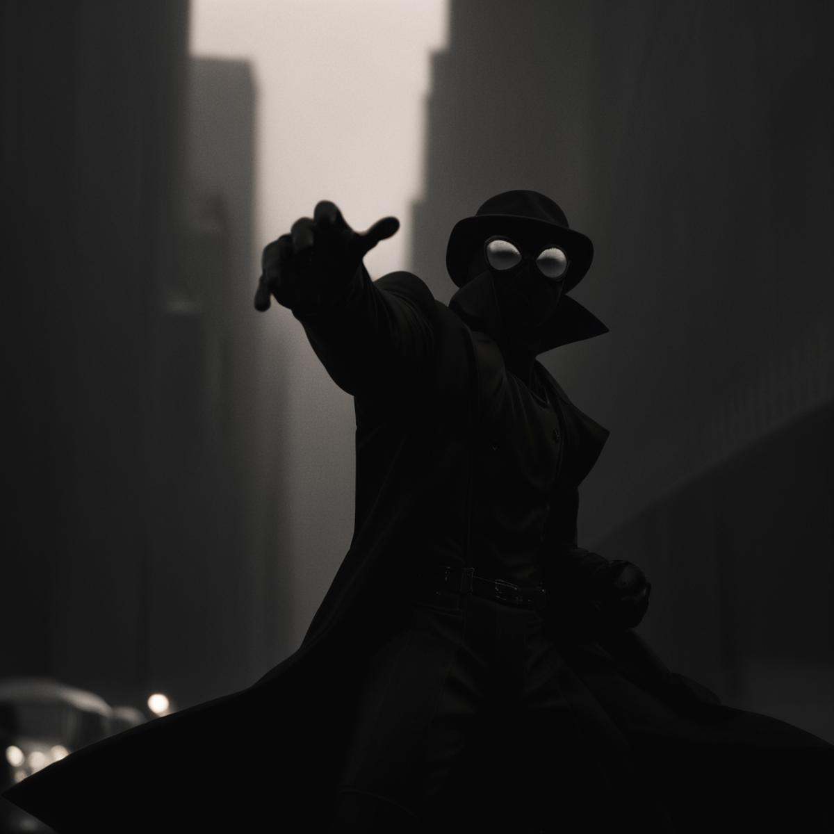 cinematic film still of Spider-Man Noir a cartoon spider man in a black suit in Marvel Noir universe,  solo,  1boy on Tens...