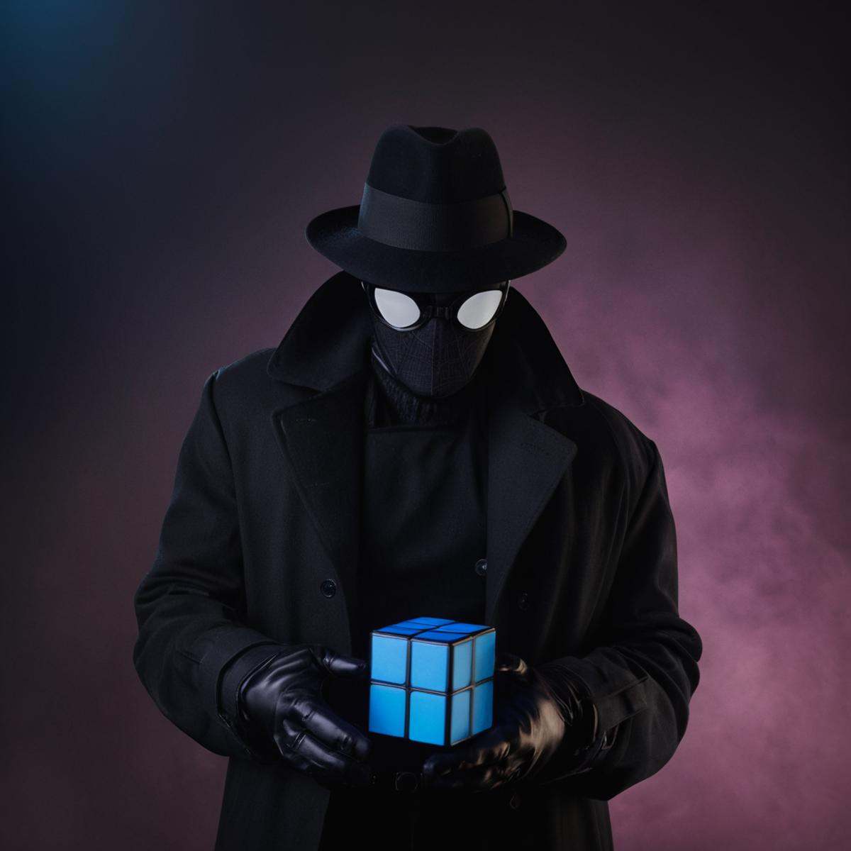 cinematic film still of Spider-Man Noir a man in a black coat holding a blue cube in Marvel Noir universe,  solo,  simple...