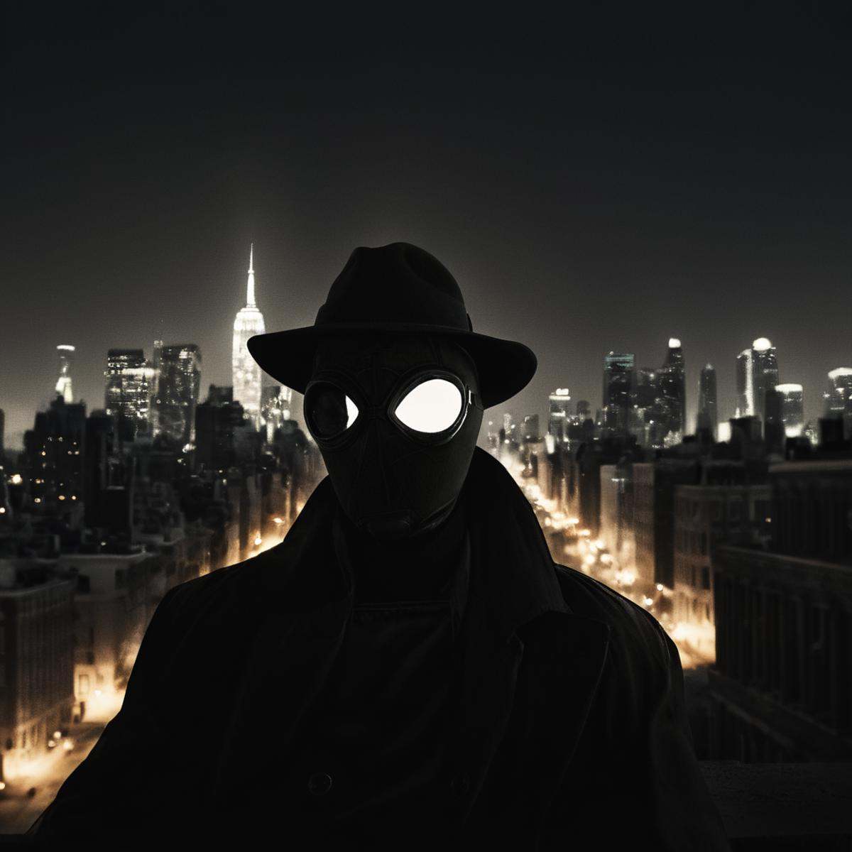 cinematic film still of Spider-Man Noir a man in a helmet is on a ledge above a city in Marvel Noir universe,  solo,  1boy...