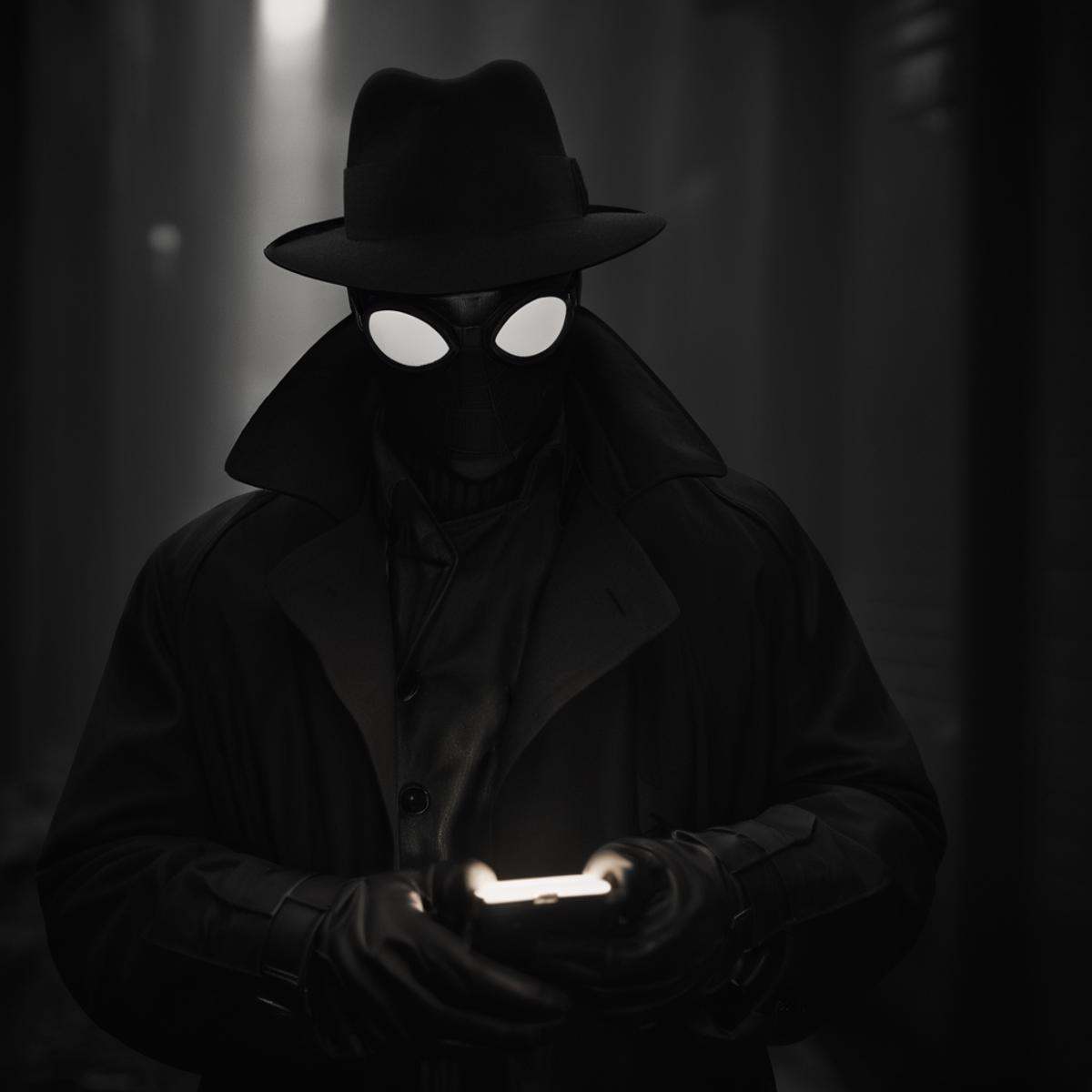 cinematic film still of Spider-Man Noir a man in a hat and trench coat holding a cell phone in Marvel Noir universe,  solo...