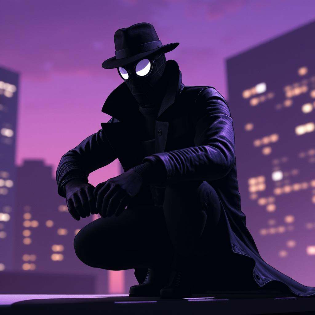 cinematic film still of drawing cinematic Spider-Man Noir style a man in a black suit and hat crouches down on a ledge,  p...