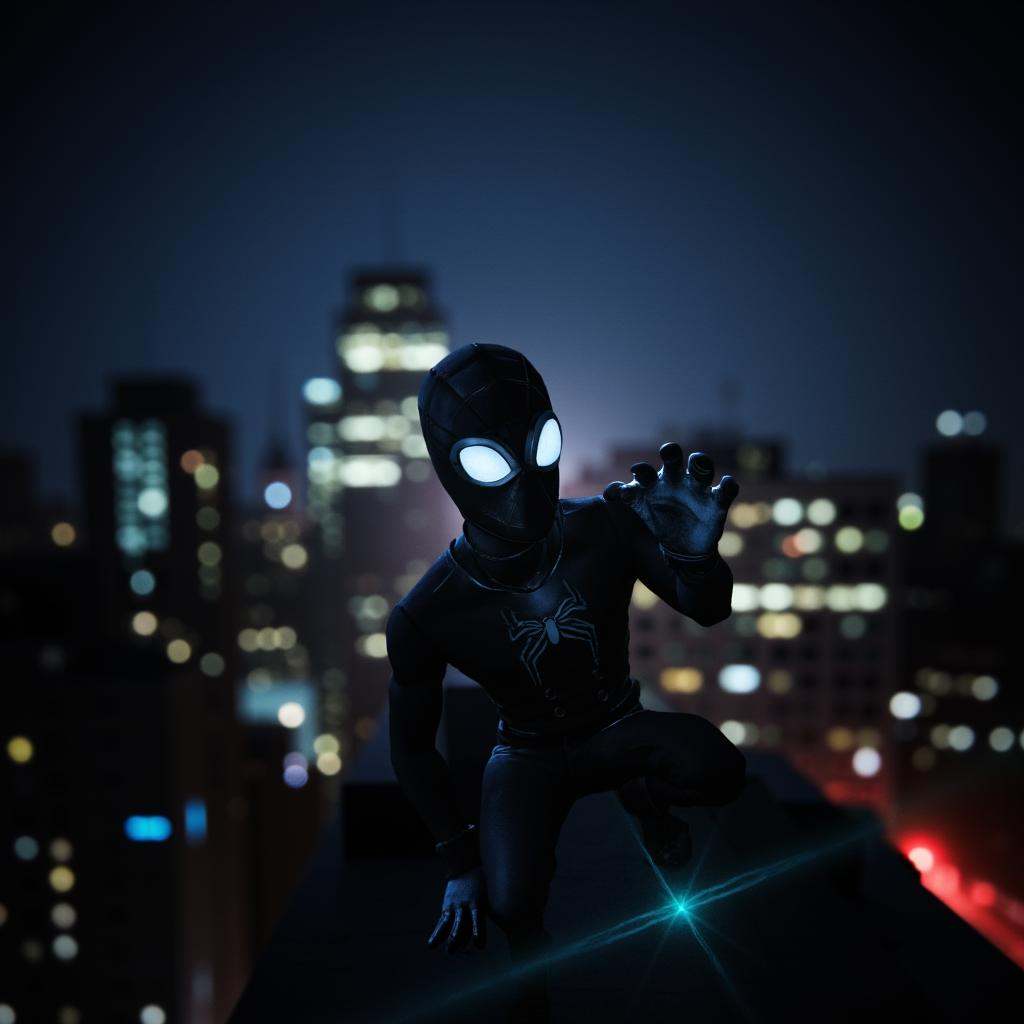 cinematic film still of lens flare realistic cinematic Spider-Man Noir style a man from above in a dark spider man outfit...