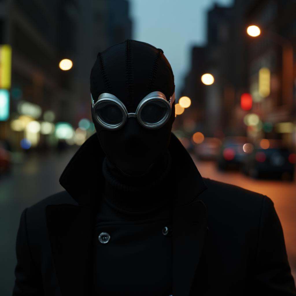 cinematic film still of cinematic Spider-Man Noir style a man wearing a mask and goggles on a city street,  shallow depth...