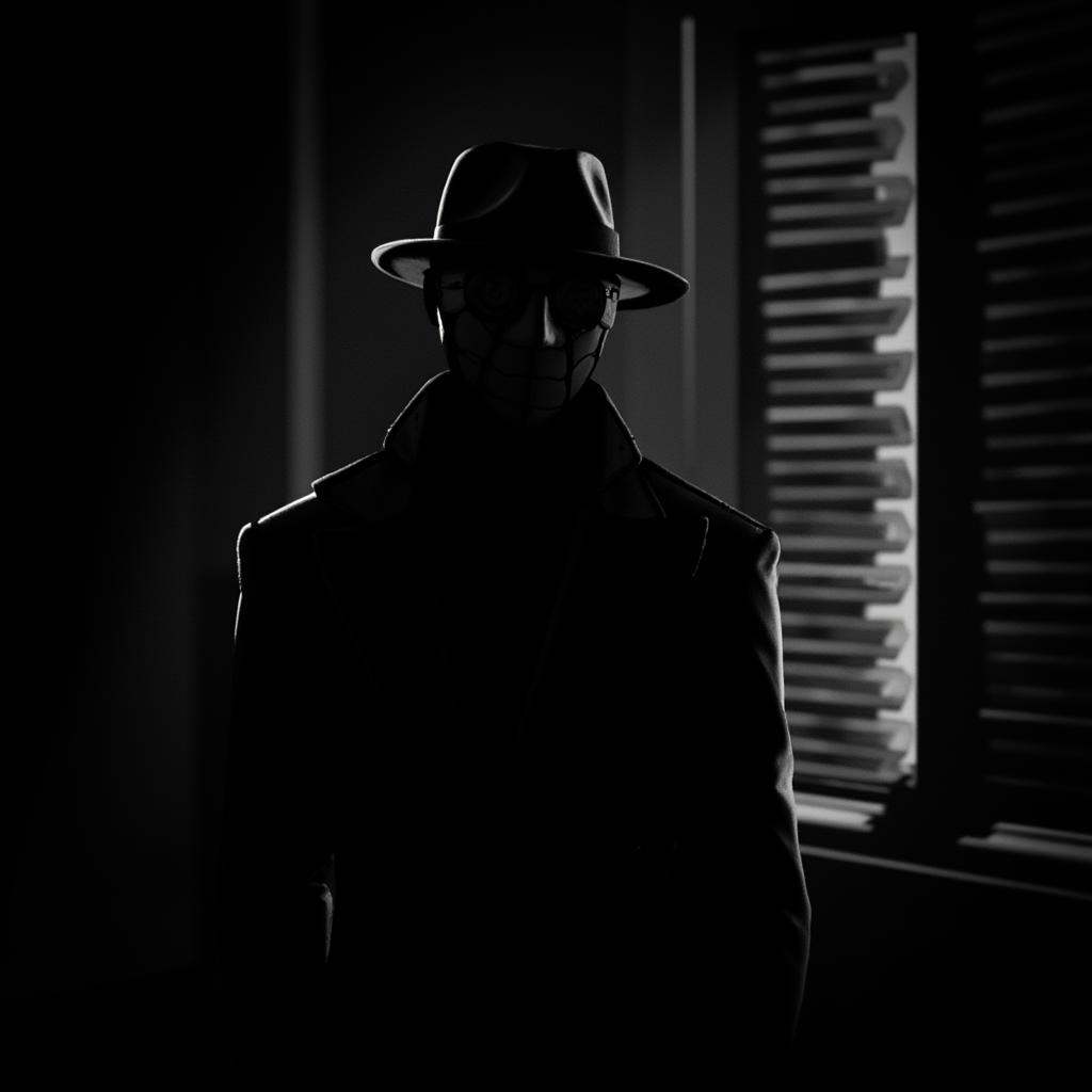 cinematic film still of dark cinematic Spider-Man Noir style a man in a hat and jacket is standing in a shadow of window b...