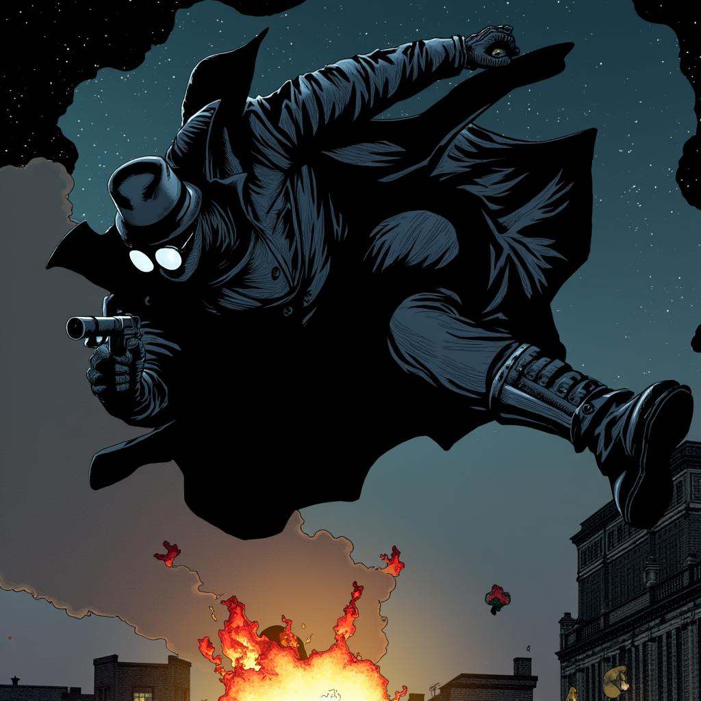 comic book art of cinematic Spider-Man Noir style a man in a black jacket is flying through the air,  perfect image,  perf...