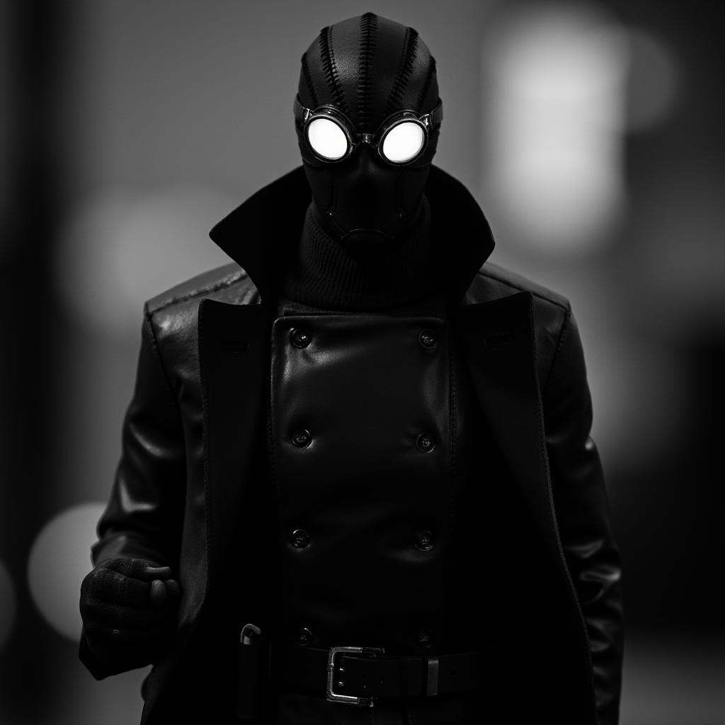 cinematic film still of realistic cinematic Spider-Man Noir style a man in a black leather outfit and goggles,  perfect im...