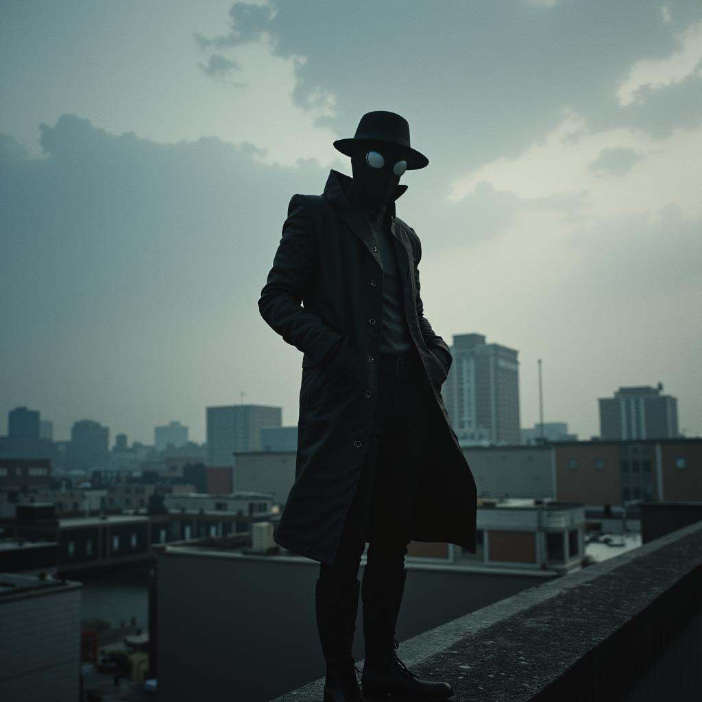 cinematic film still of from below cinematic Spider-Man Noir style a man in a black outfit and hat is standing on a roof t...