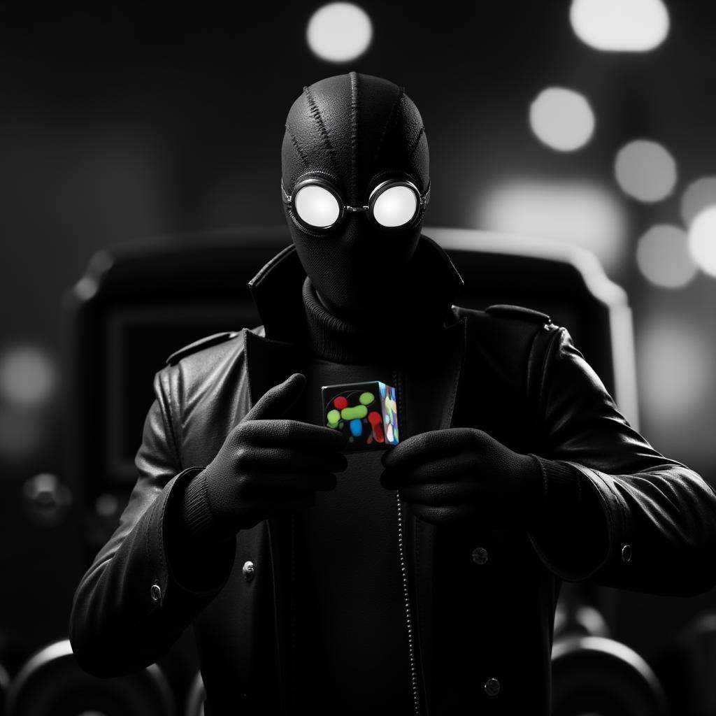 cinematic film still of cinematic Spider-Man Noir style a man in a black mask and goggles holding a colorful rubik cube,...