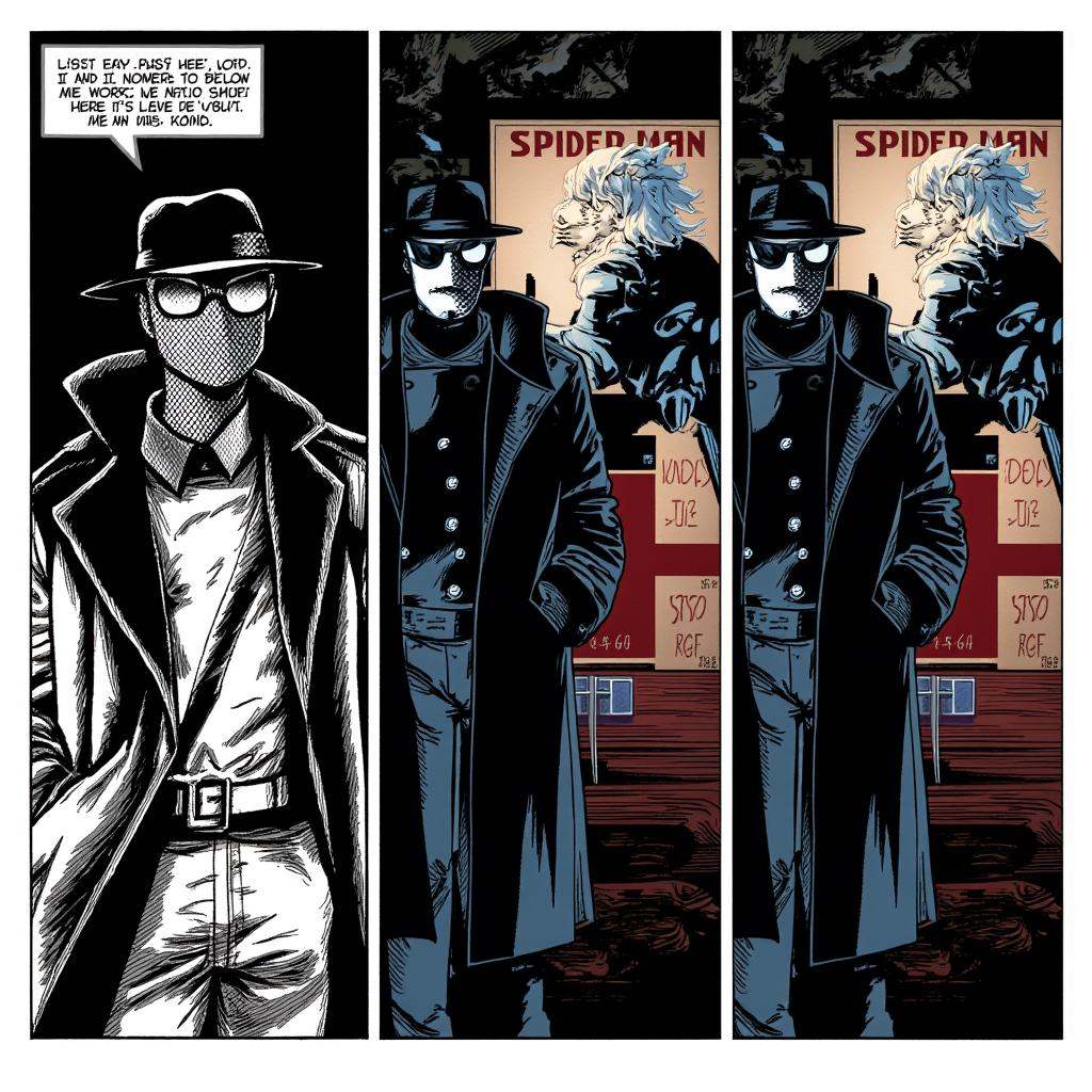 comic book art of cinematic Spider-Man Noir style a comic page with a comic strip and a comic strip,  perfect image,  perf...