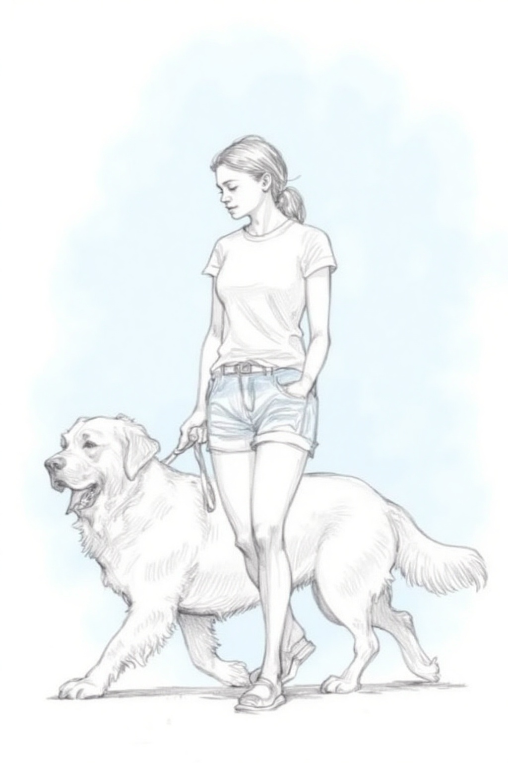 pencil sketch. A girl,  wearing a white short-sleeved shirt and short blue jean shorts,  walking a golden retriever on Ten...