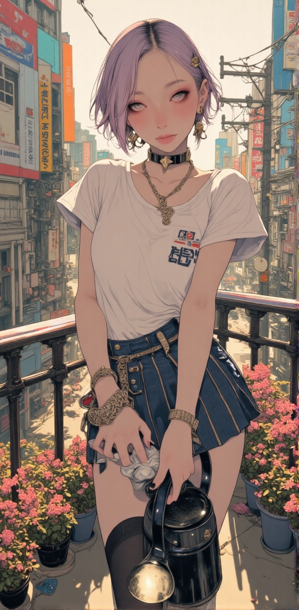 A hyper-realistic anime-style digital masterpiece of a 20-year-old young woman with short,  tousled lavender hair adorned...