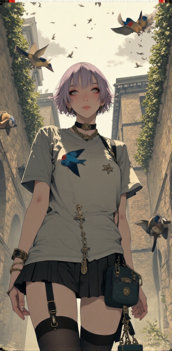 A luminous,  photorealistic anime-style image capturing a 20-year-old young woman with short,  tousled lavender hair adorn...