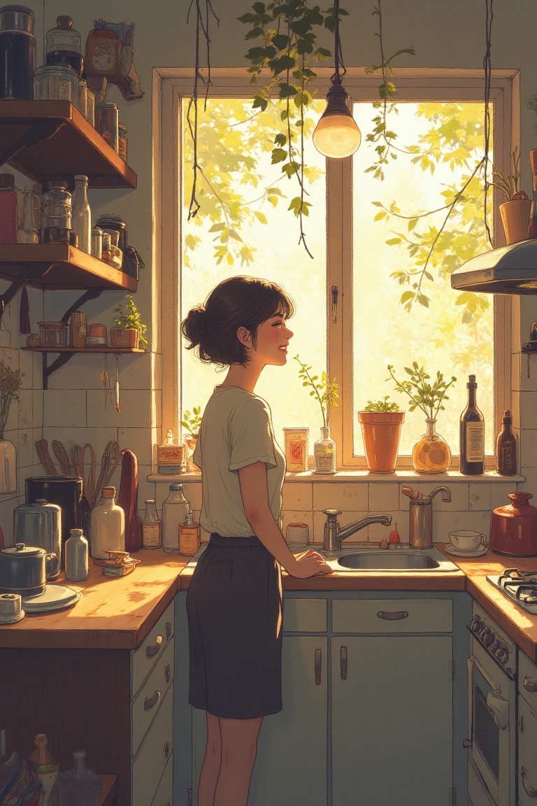 A JooHee-Yelena-Tatsuro styled zine illustration portraying heartfelt domestic life. Framed subtly and poetically,  the sc...