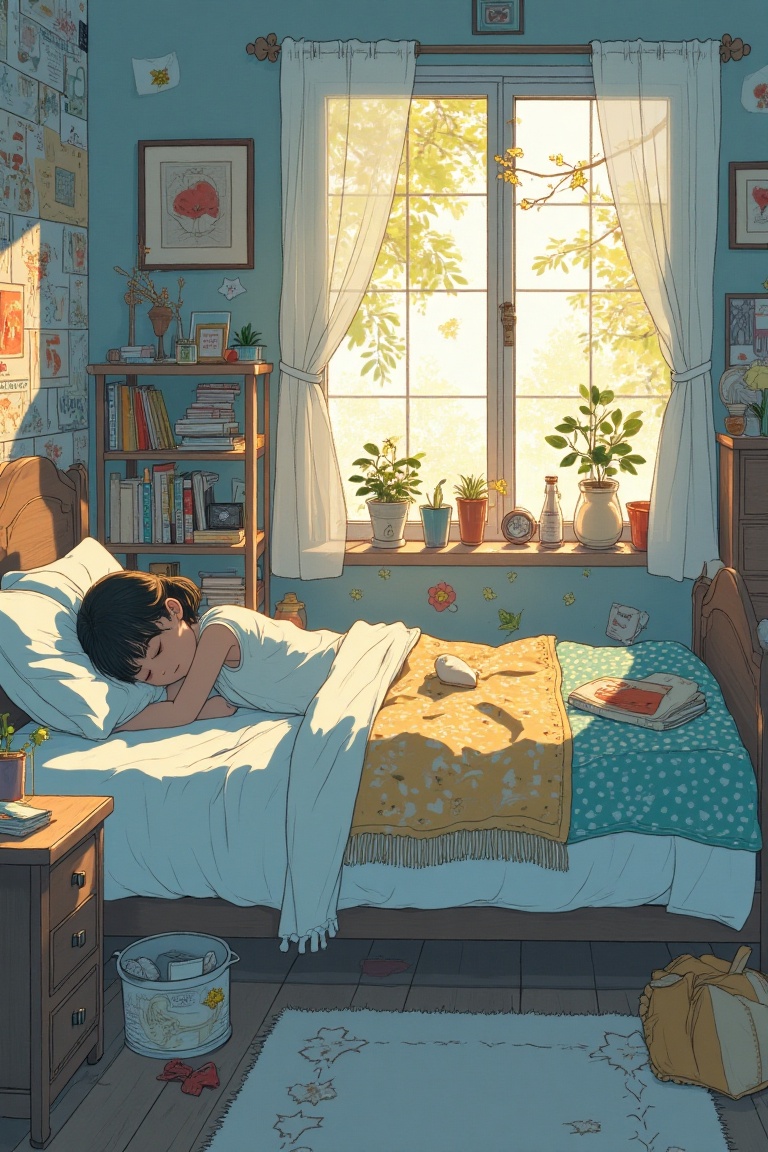 A JooHee-Yelena-Tatsuro styled zine illustration capturing heartfelt domestic life. Framed subtly and poetically,  the sce...