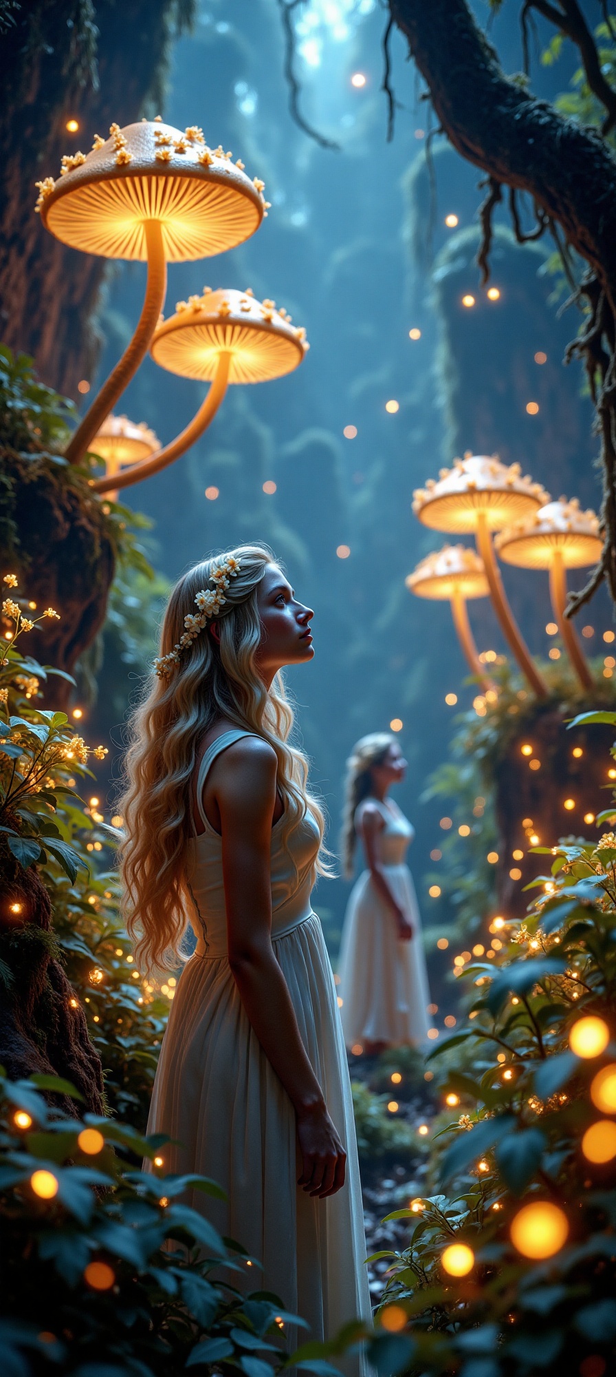 Bathed in the ethereal glow of giant,  bioluminescent mushrooms in what appears to be an enchanted forest,  perhaps inspir...