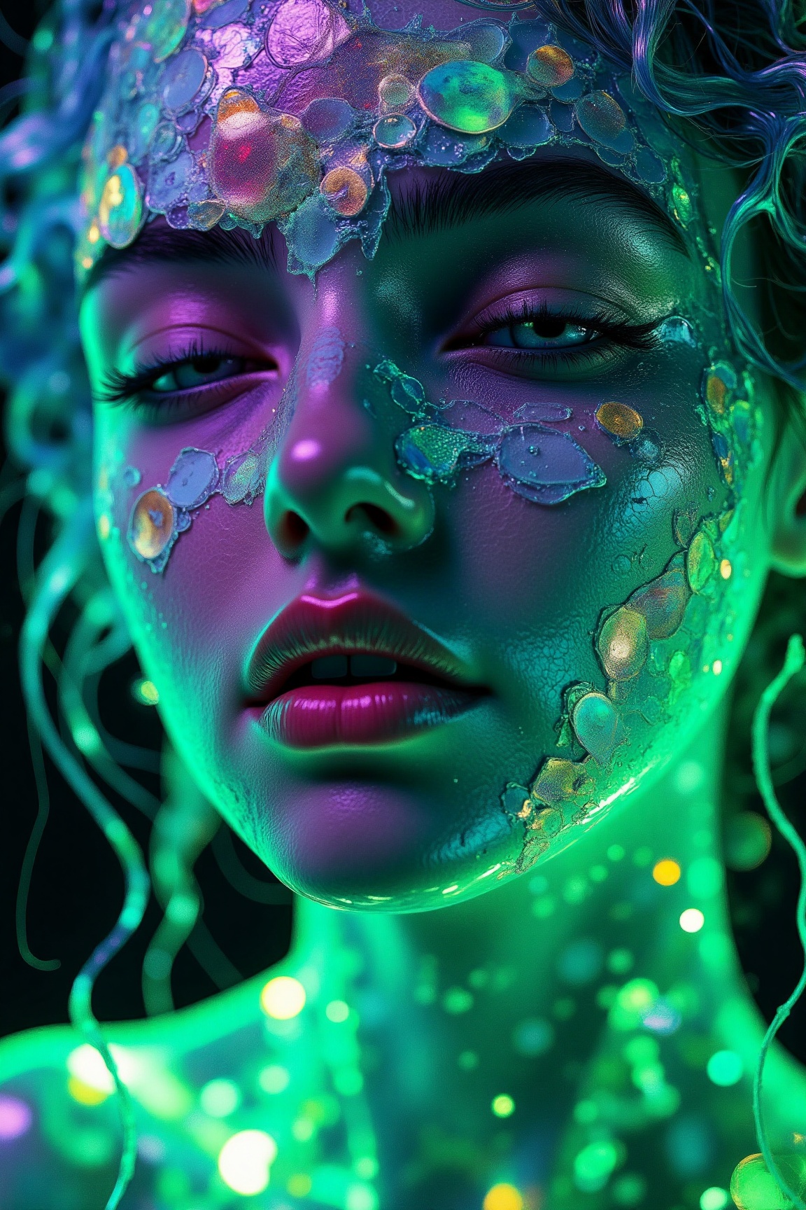 Surrealism portrait of a woman with glass-like skin,  Style: biopunk. Light: UV backlight,  pulsing cold light. Materials:...