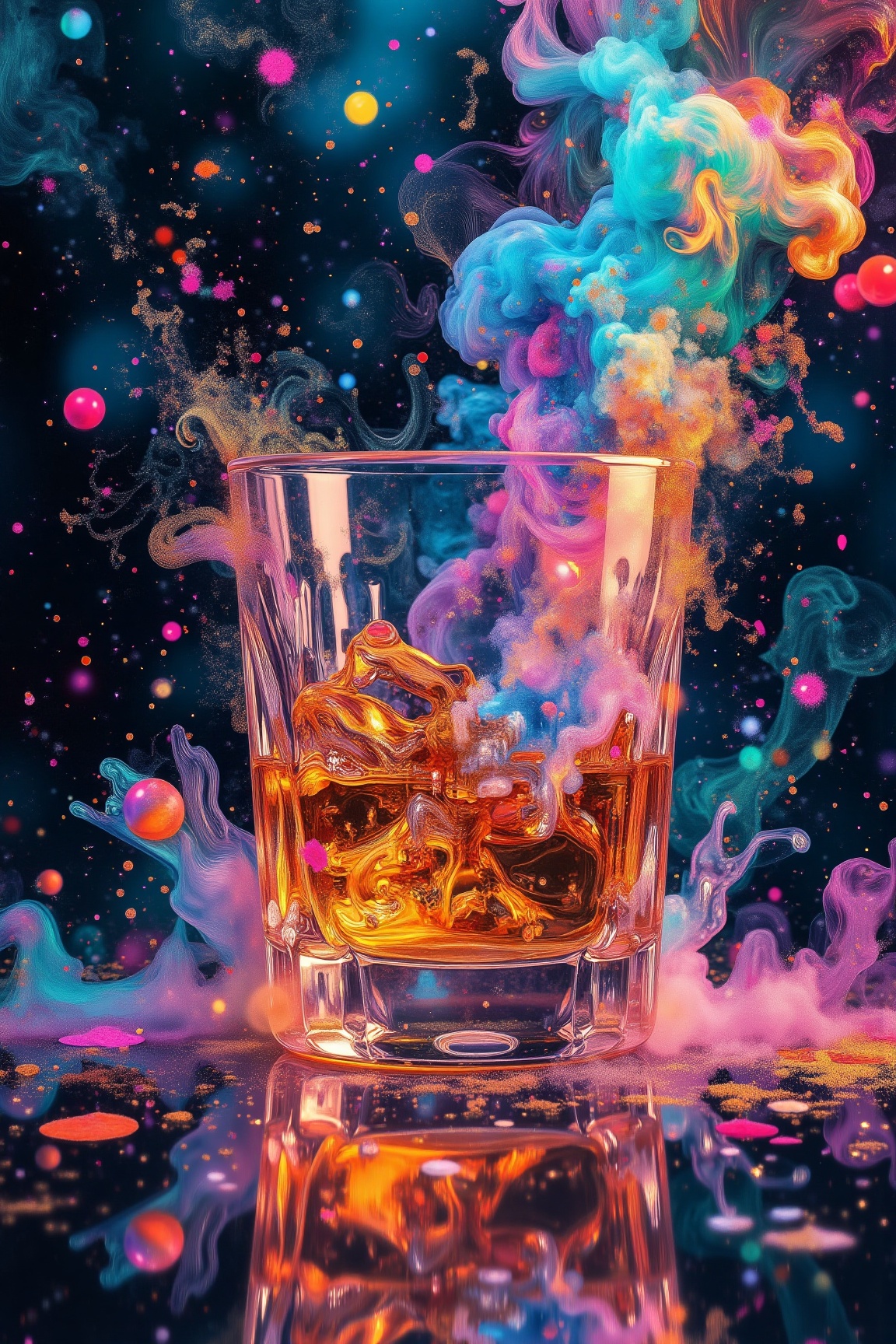 Dynamic view of a holographic magical whisky,  colorful glasses,  painting looks to be life like on Tensor.Art