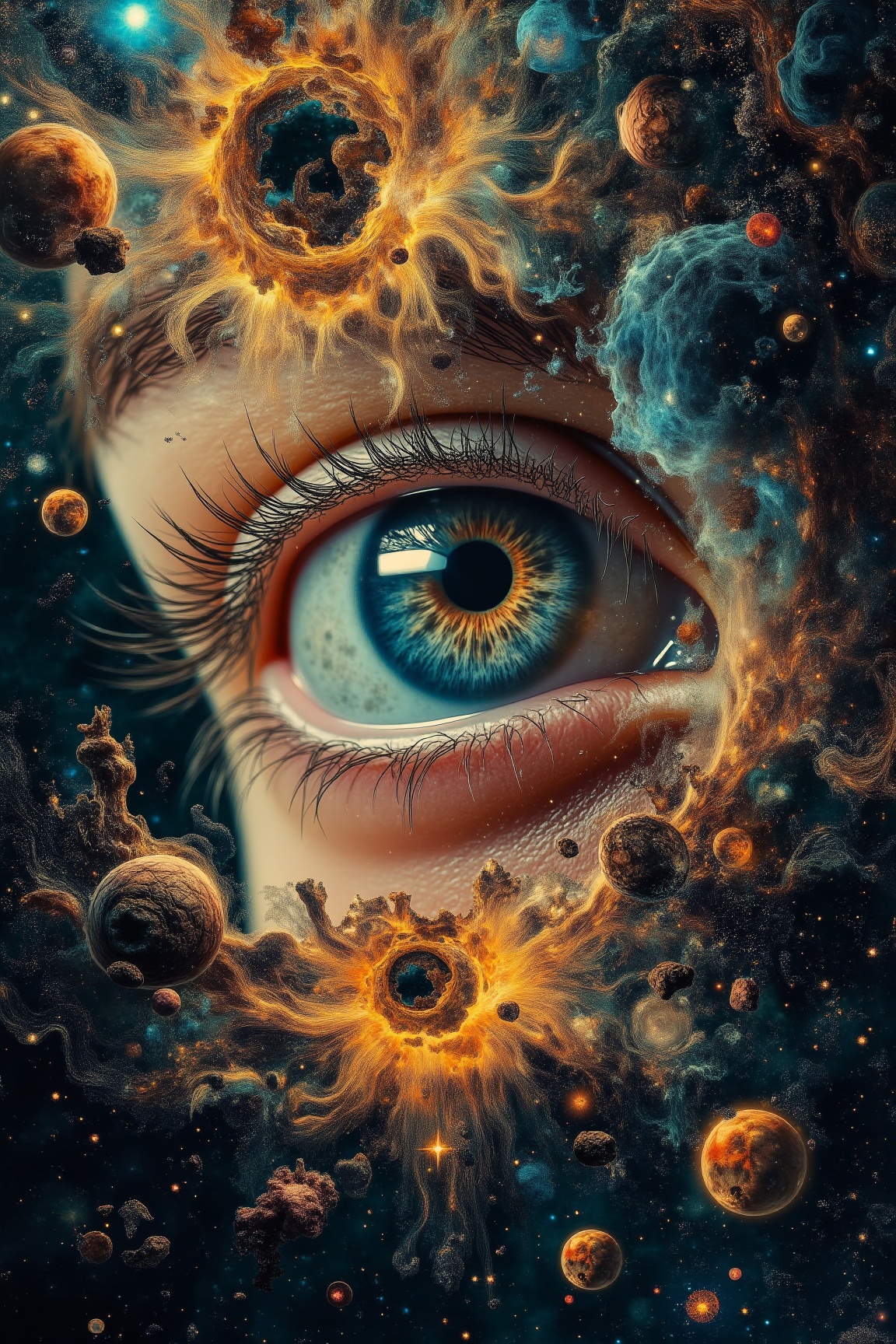 jzbj,  surrealism,  This portrait focuses on an eye surrounded by cosmic and organic forms on Tensor.Art