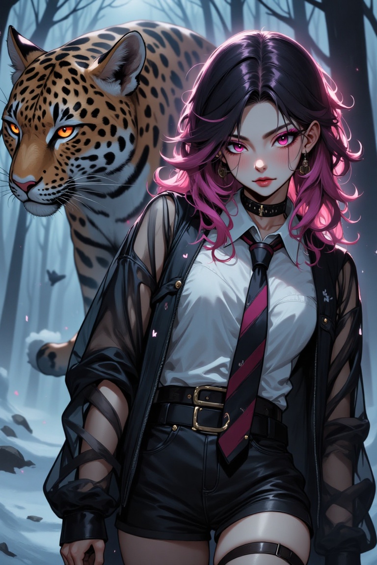 A close-up of a beautiful gothic girl with multicolored hair,  wearing a mini outfit with a shirt and tie,  jacket on Tens...
