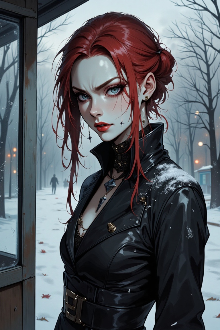 A woman in Gothic attire,  her expression a mix of resignation and strength,  stands at a frost-covered bus stop. Her eyes...