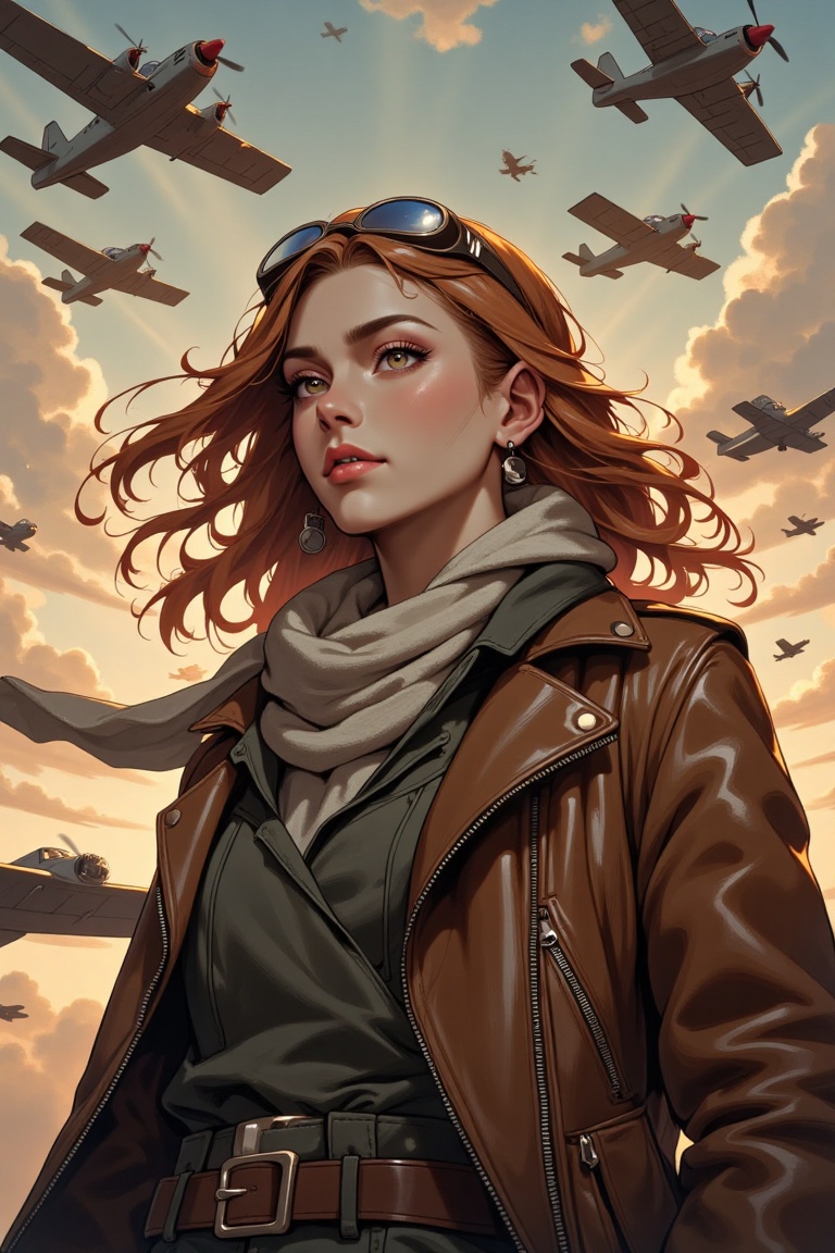 Aviator-themed imagery featuring women pilots surrounded by airplanes,  goggles and scarves catching the wind,  leather ja...