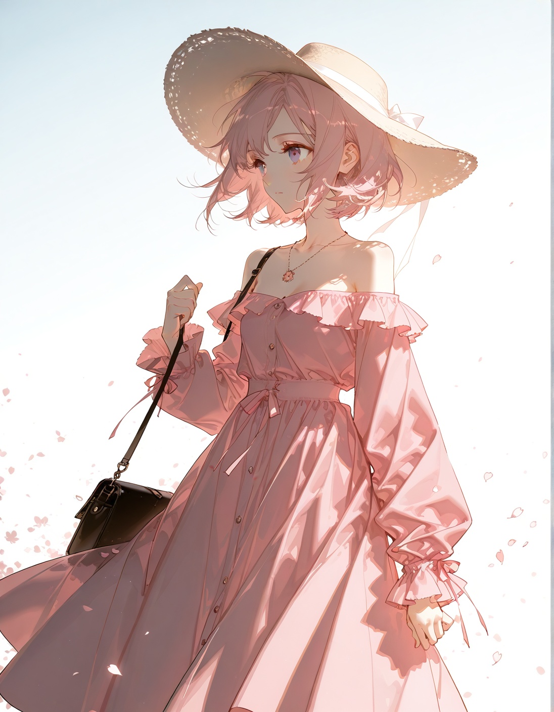 bare shoulders,  long sleeves,  necklace on Tensor.Art