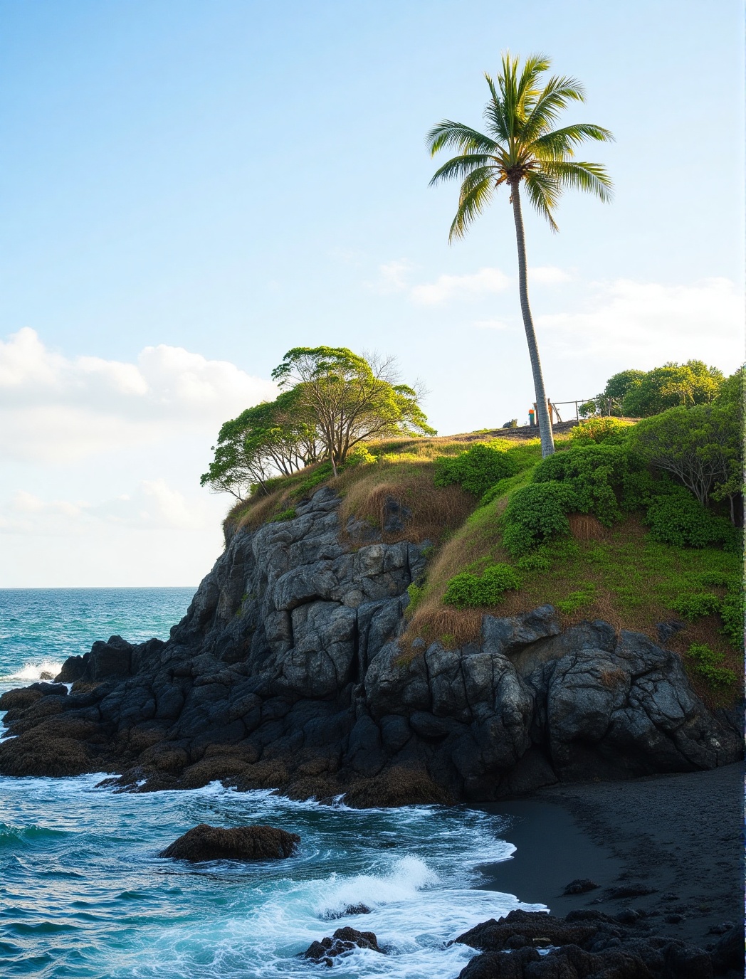 A tranquil scene unfolds on a serene volcanic beach island,  where lush greenery and black rock formations meet the calm b...