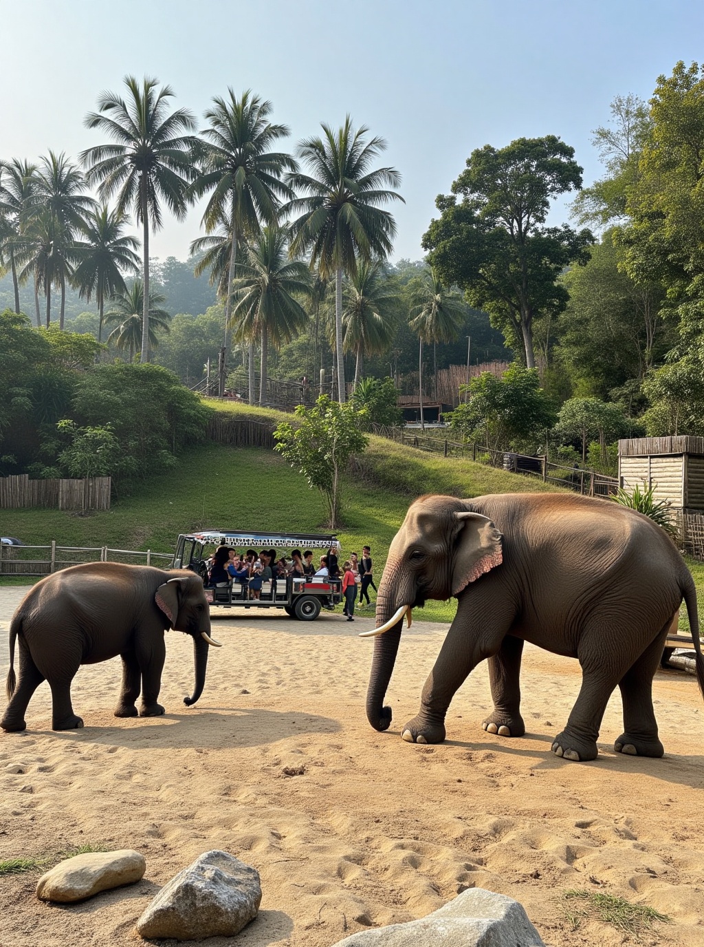 two elephants in what appears to be a zoo or wildlife park setting. The elephant on the right is larger and has prominent...