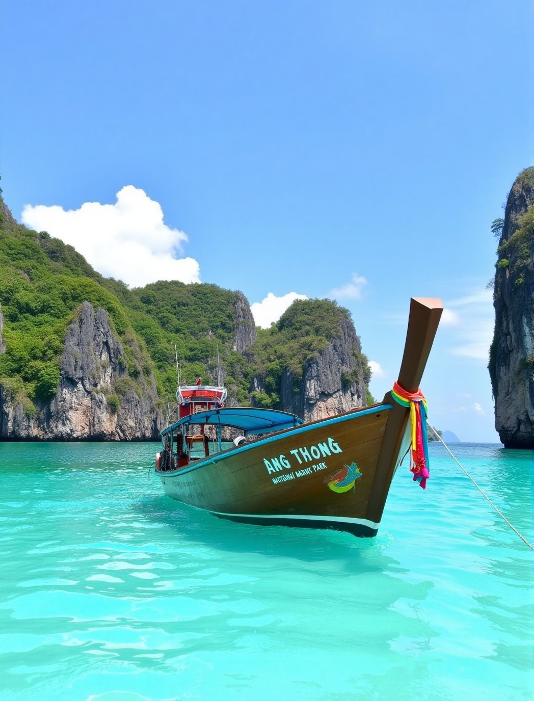 a serene tropical scene with a traditional long-tail boat floating in crystal-clear turquoise waters. The boat is labeled...