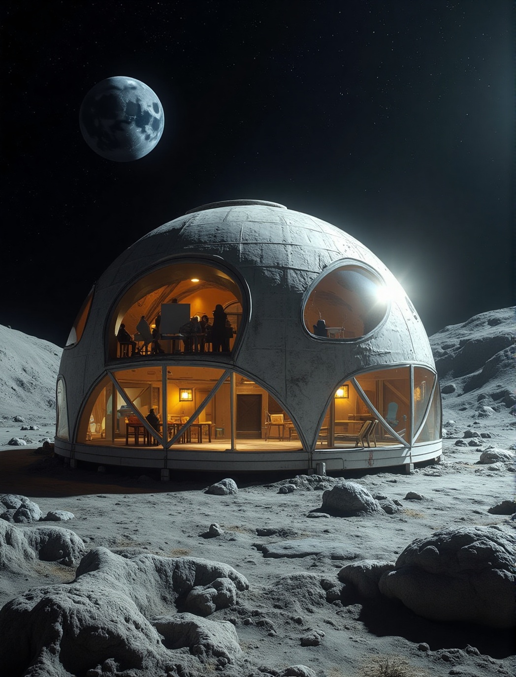 Design a zero-gravity research facility dome on the moon surface. Consider the unique challenges of lunar gravity and radi...