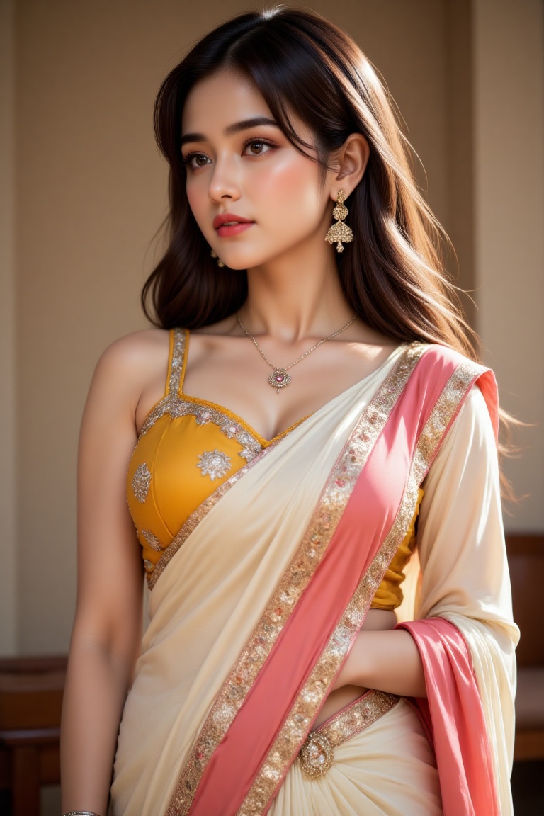 A stunning woman in her late twenties,  she looks away from the camera while standing gracefully in a wedding hall,  she w...