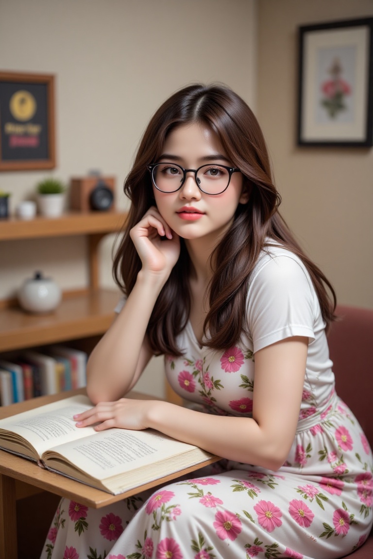 Beautiful school girl studying in her cozy room wearing glasses and a casual summer dress on Tensor.Art