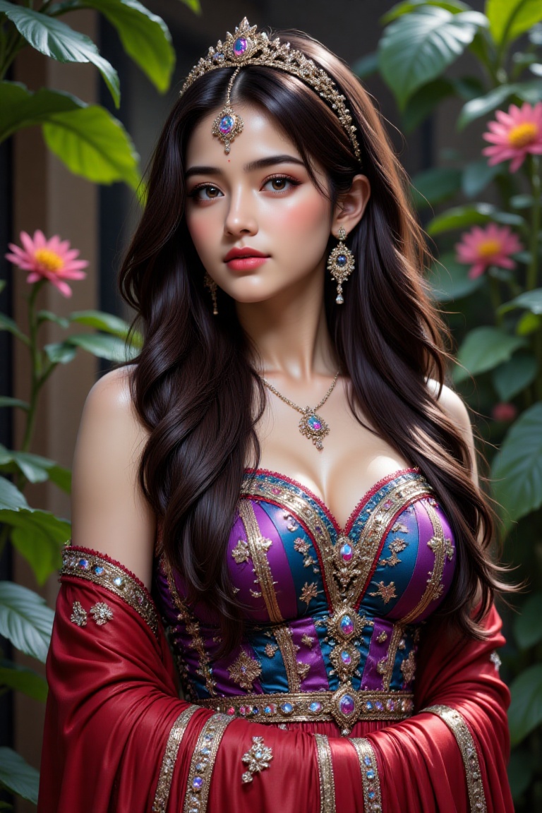 An ethereal Indian princess with an otherworldly beauty that is both captivating and enigmatic. Her features are delicatel...