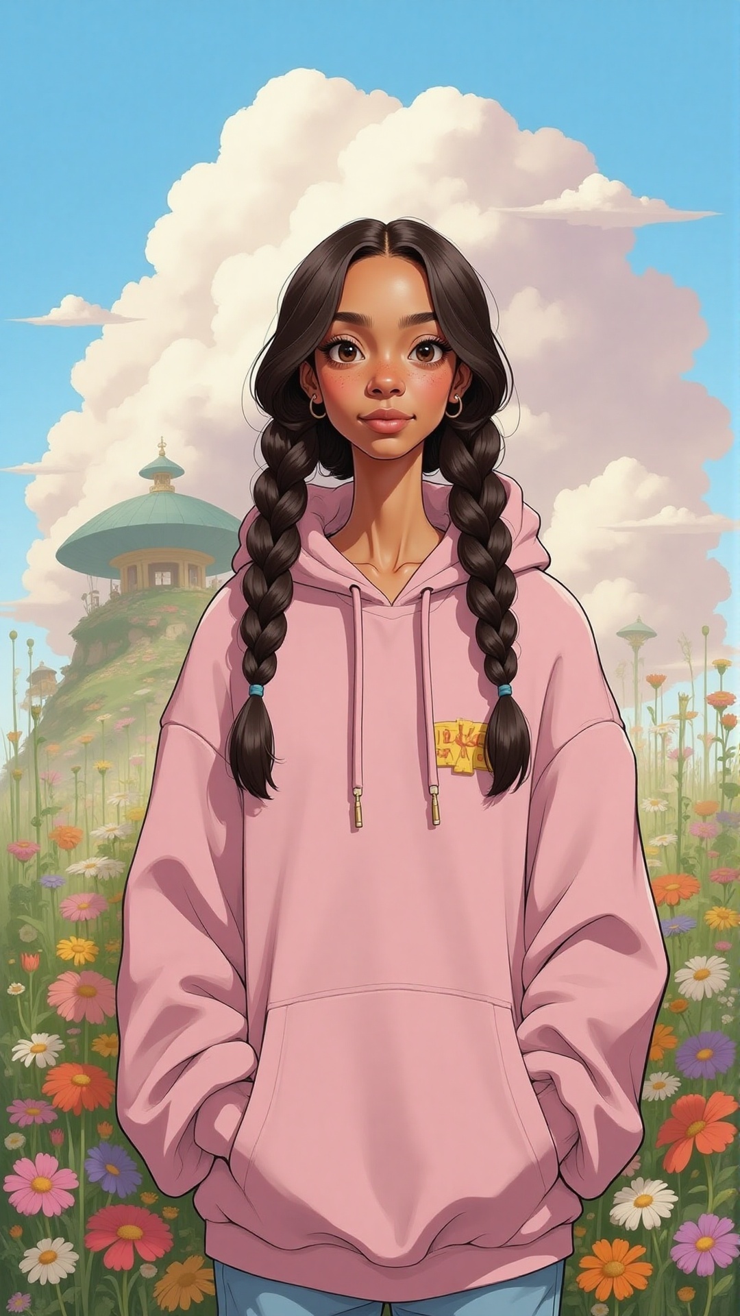 portrait of a girl with braids,  wearing oversized hoodie,  in a dreamy flower field on Tensor.Art