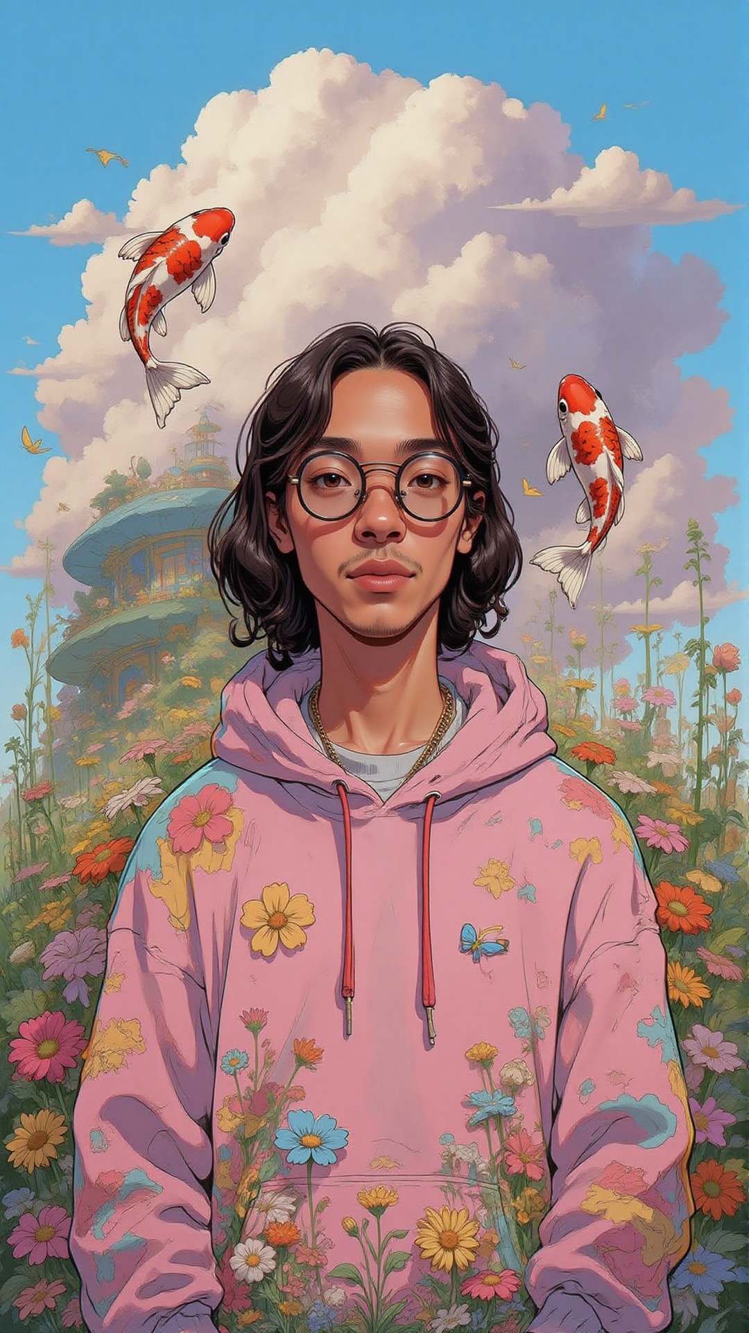 portrait of a young man with braids,  wearing oversized hoodie,  in a dreamy flower field on Tensor.Art