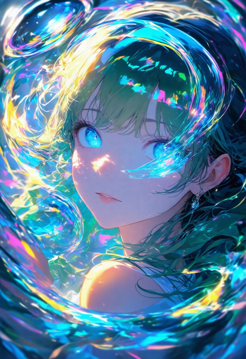 An abstract optical composition featuring a girl with striking blue eyes and flowing emerald-green hair. She floats within...