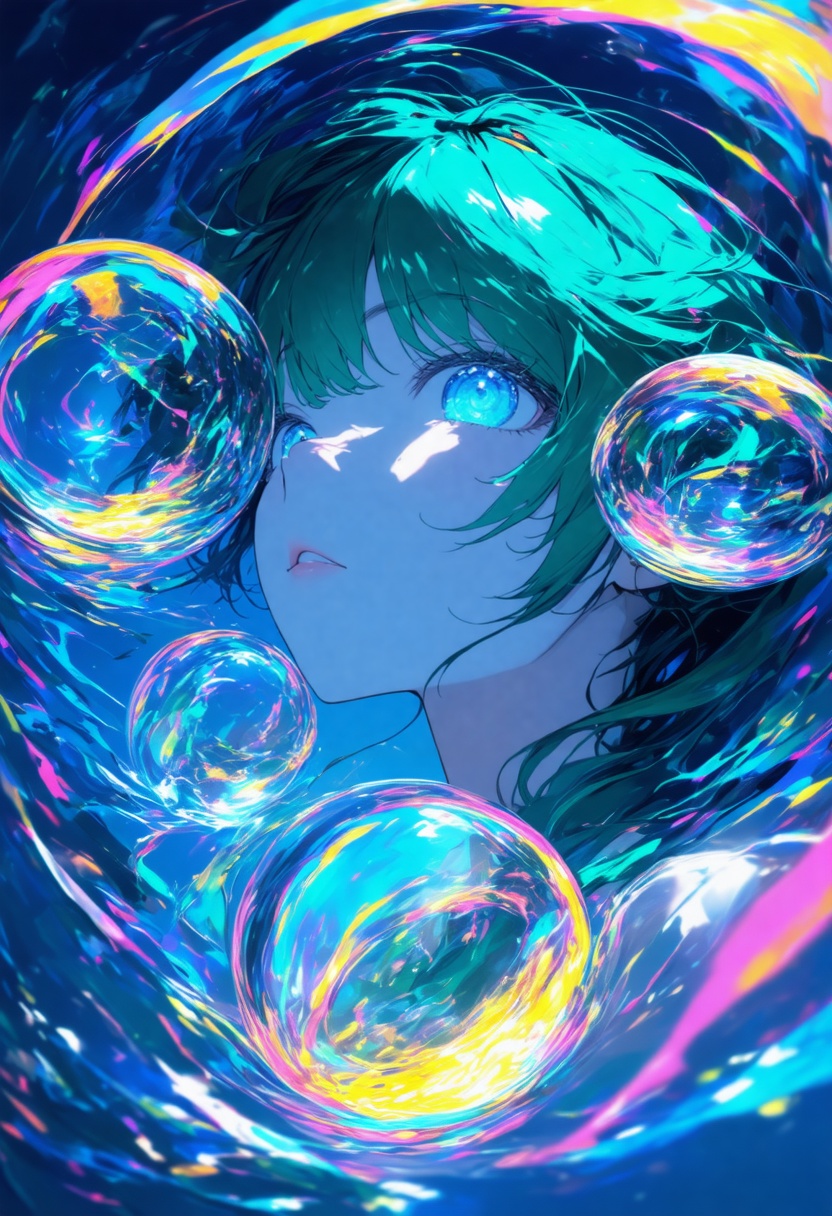 An abstract optical composition featuring a girl with striking blue eyes and flowing emerald-green hair. She floats within...