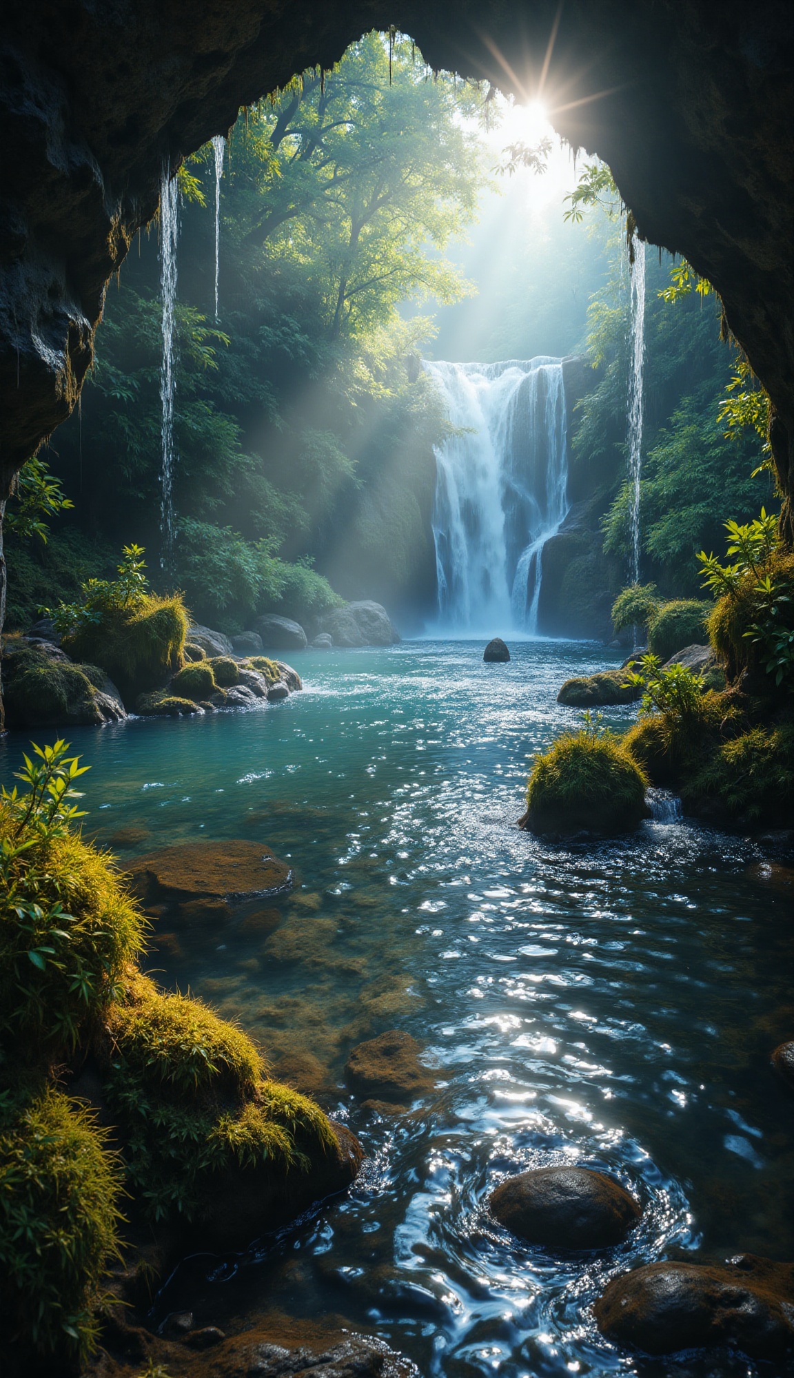 Bright sunlight streams in from the right,  illuminating the cascading waterfall and the surface of the pool,  creating st...
