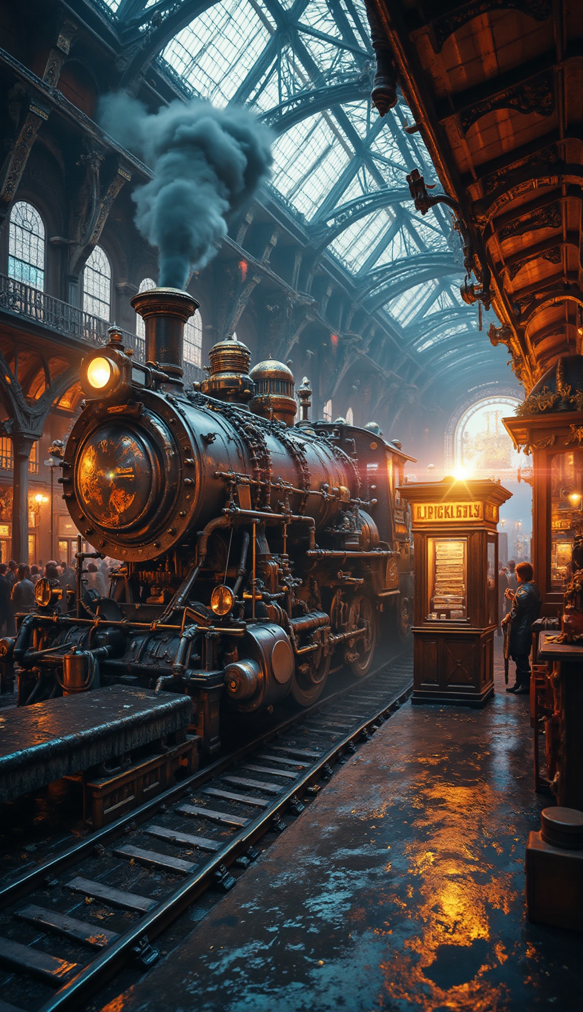 Warm artificial light illuminates a large ornate steampunk steam locomotive in a medium shot slightly from a low angle,  r...
