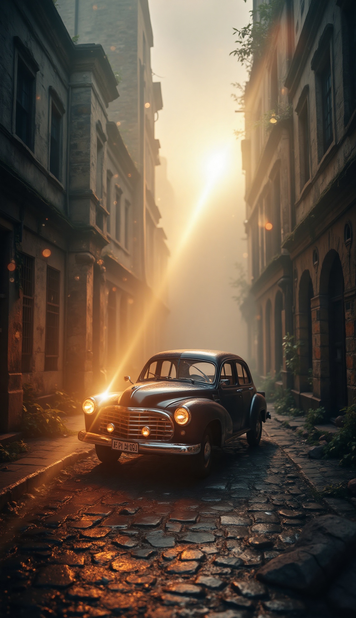 A vintage car with a radiant glow illuminates the foggy atmosphere,  surrounded by ancient buildings. A shaft of golden li...