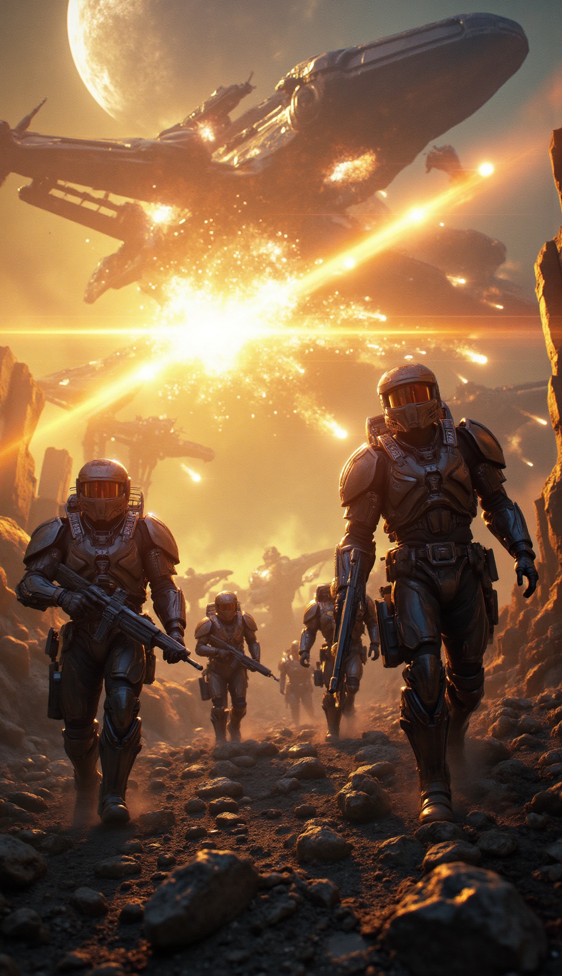 Intense fiery light from a central explosion illuminates heavily armored soldiers in a medium shot slightly from a low ang...