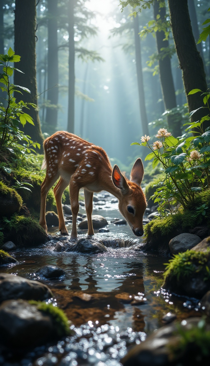 Bright diffused sunlight filters through a lush misty forest in a medium shot slightly from a low angle,  illuminating a y...