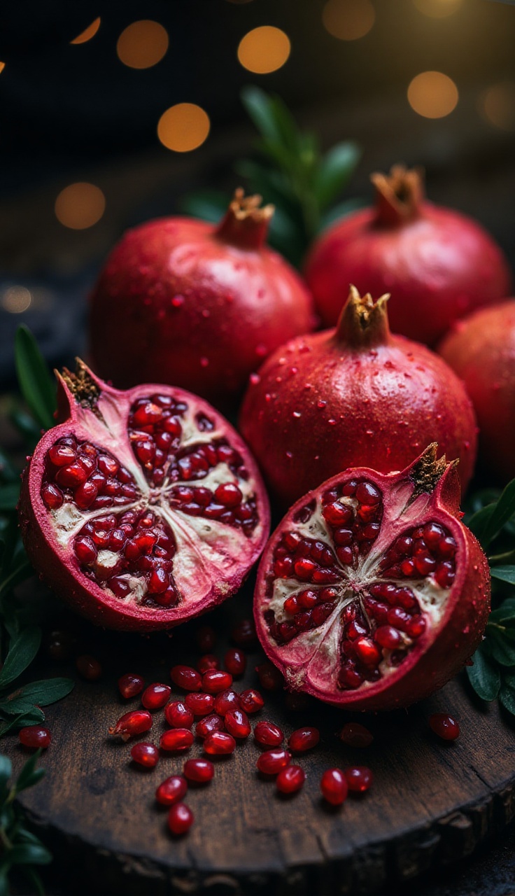 Soft warm light from the upper right illuminates a medium shot slightly from a high angle,  showcasing several deep red po...