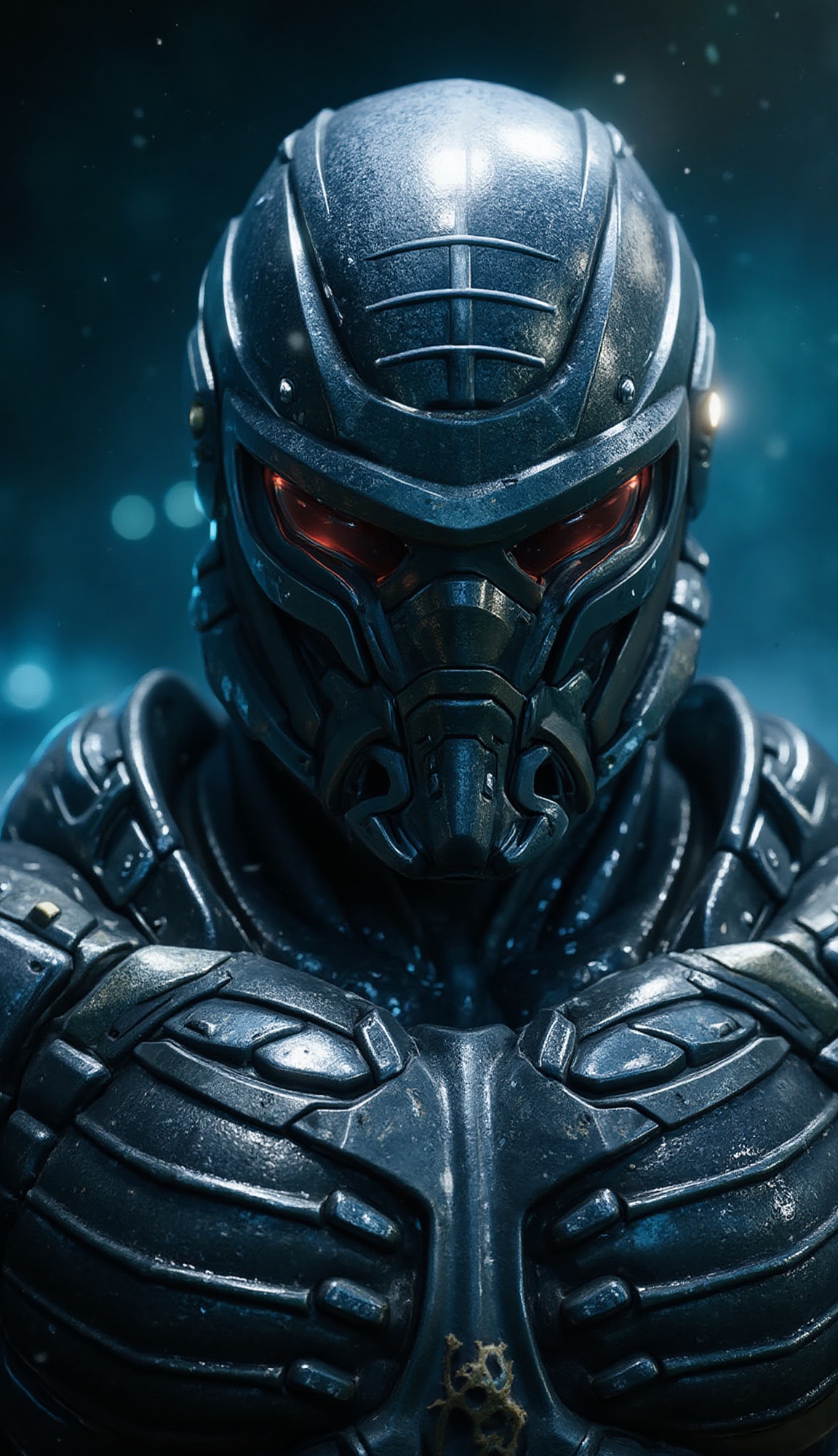 soft focus macro close-up of prophet's helmet and armor suit from crysis 3,  laboraty,  blue hue background on Tensor.Art
