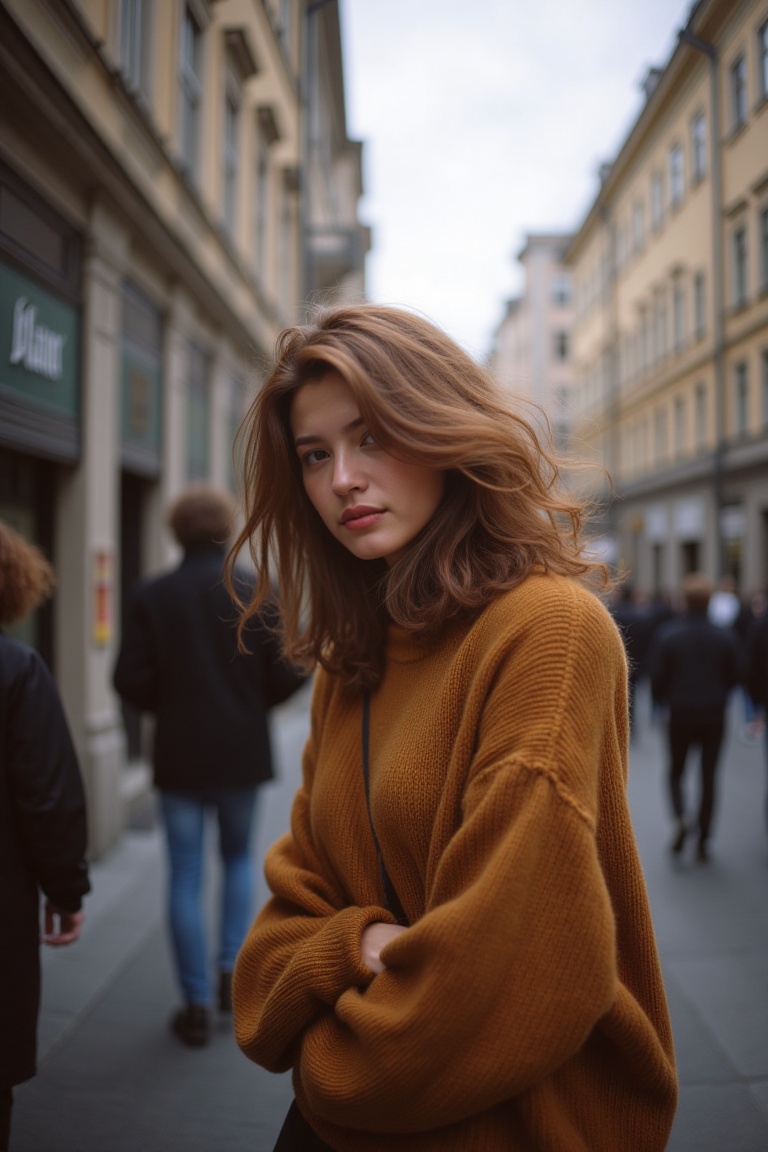 A woman in a cozy sweater stands on a bustling city street,  her hair gently tousled by the wind on a cloudy day. The scen...