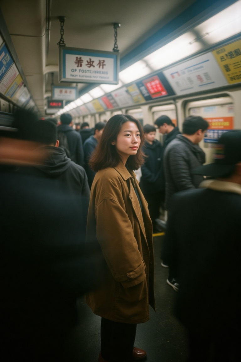 A woman stands amidst a crowded subway,  captured with Fujifilm Velvia 50 and an ******* photography style. A bad flash gl...