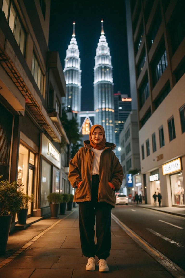 A Malay woman wearing a hijab,  casual baggy jacket,  and sneaker shoes stands near an alleyway with shops on Tensor.Art