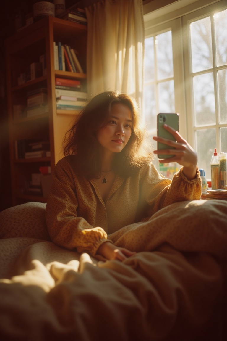 A candid selfie of a woman in her room,  soft sun filtering through the window creates a warm,  golden glow. Captured on F...