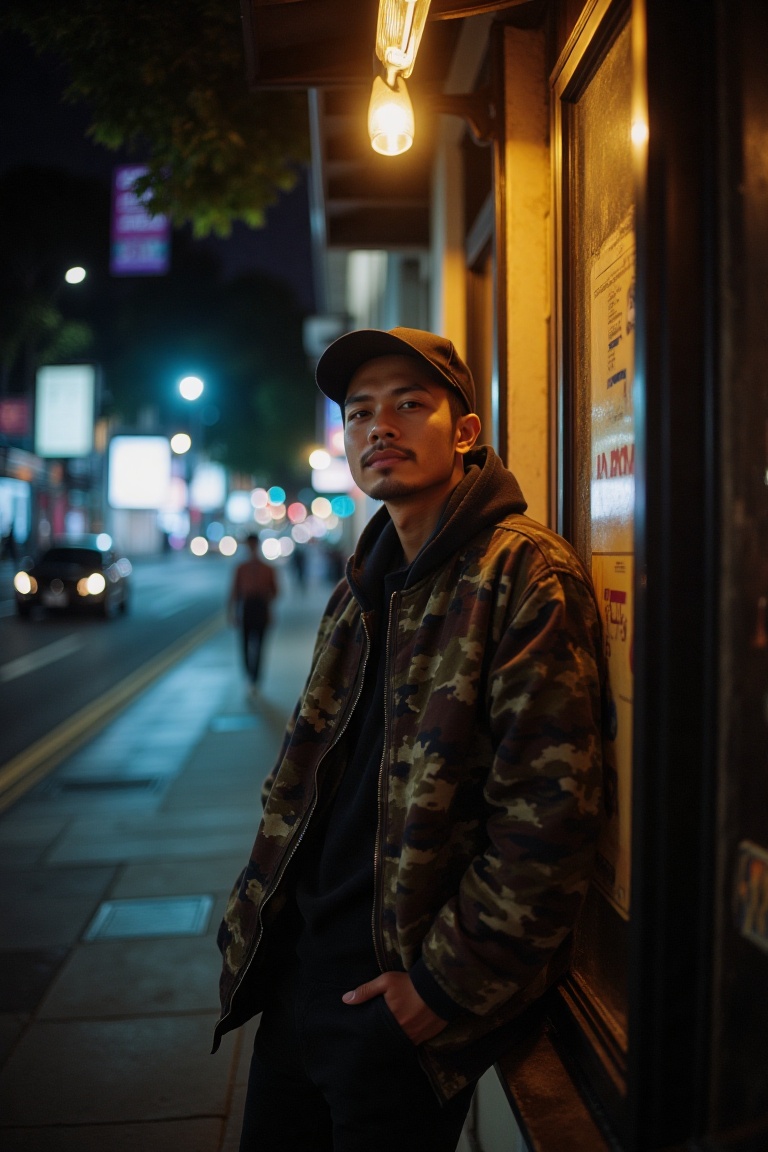 A handsome Malay man in a cap and streetwear jacket leans casually against a wall outside a cafe in the city night. Captur...